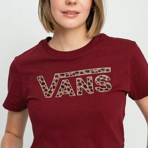 Vans Women's Burgundy Logo Tee with Leopard Print - Medium